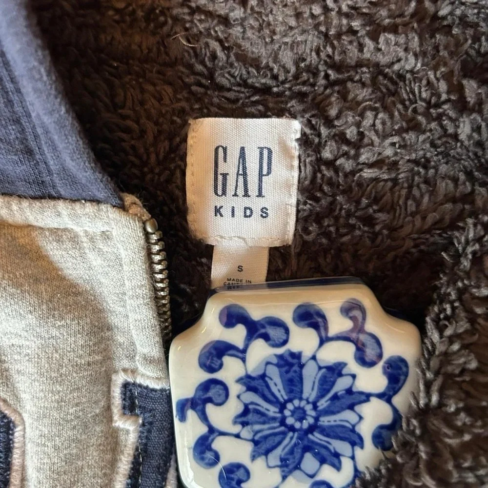 Kids Gap Zip-Up Hoodie, Size Small | Heather Gray with Navy Arms & Hood